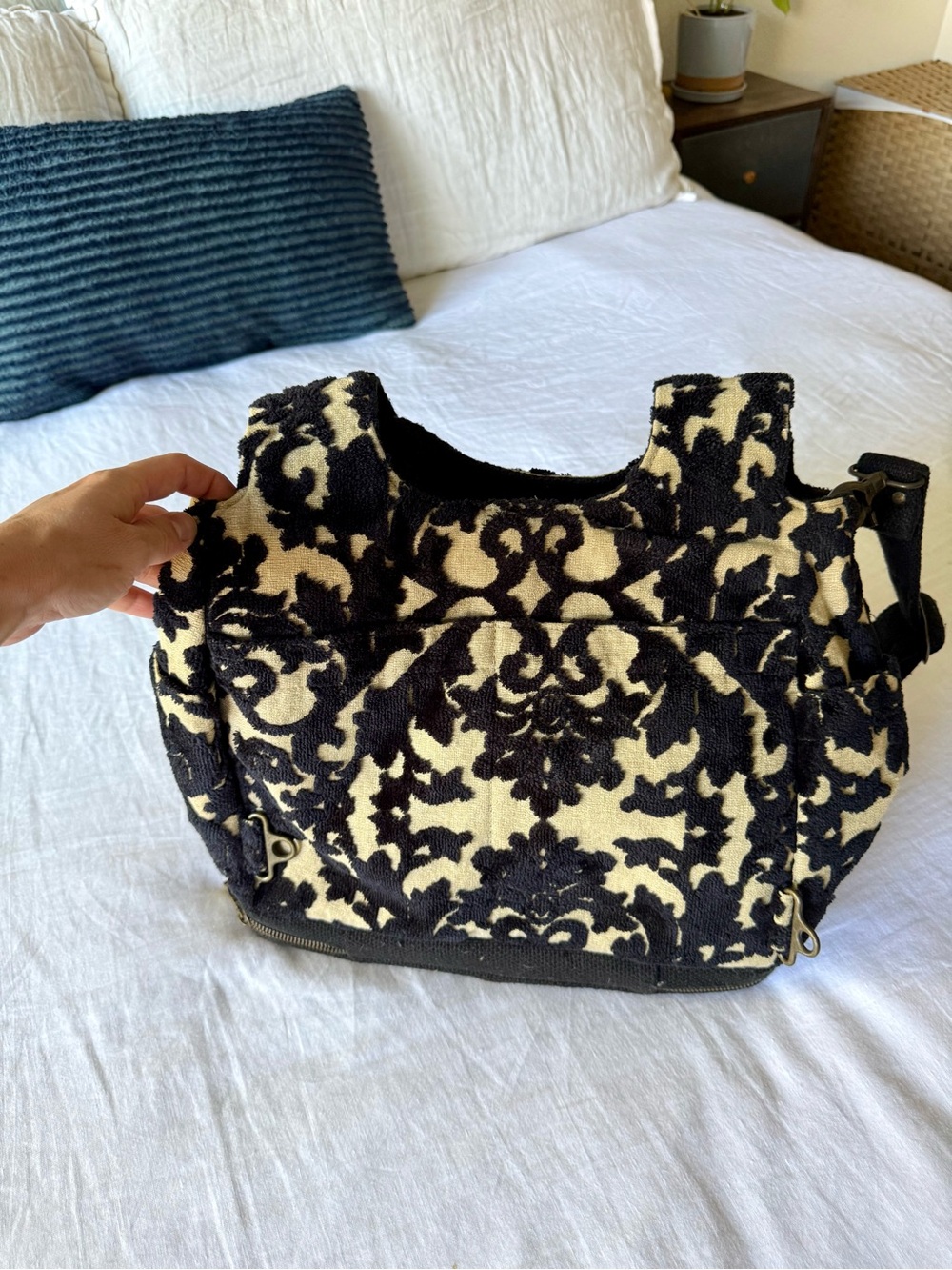 Cake By Petunia Diaper Bag In Black And Cream Plush Damask View 3